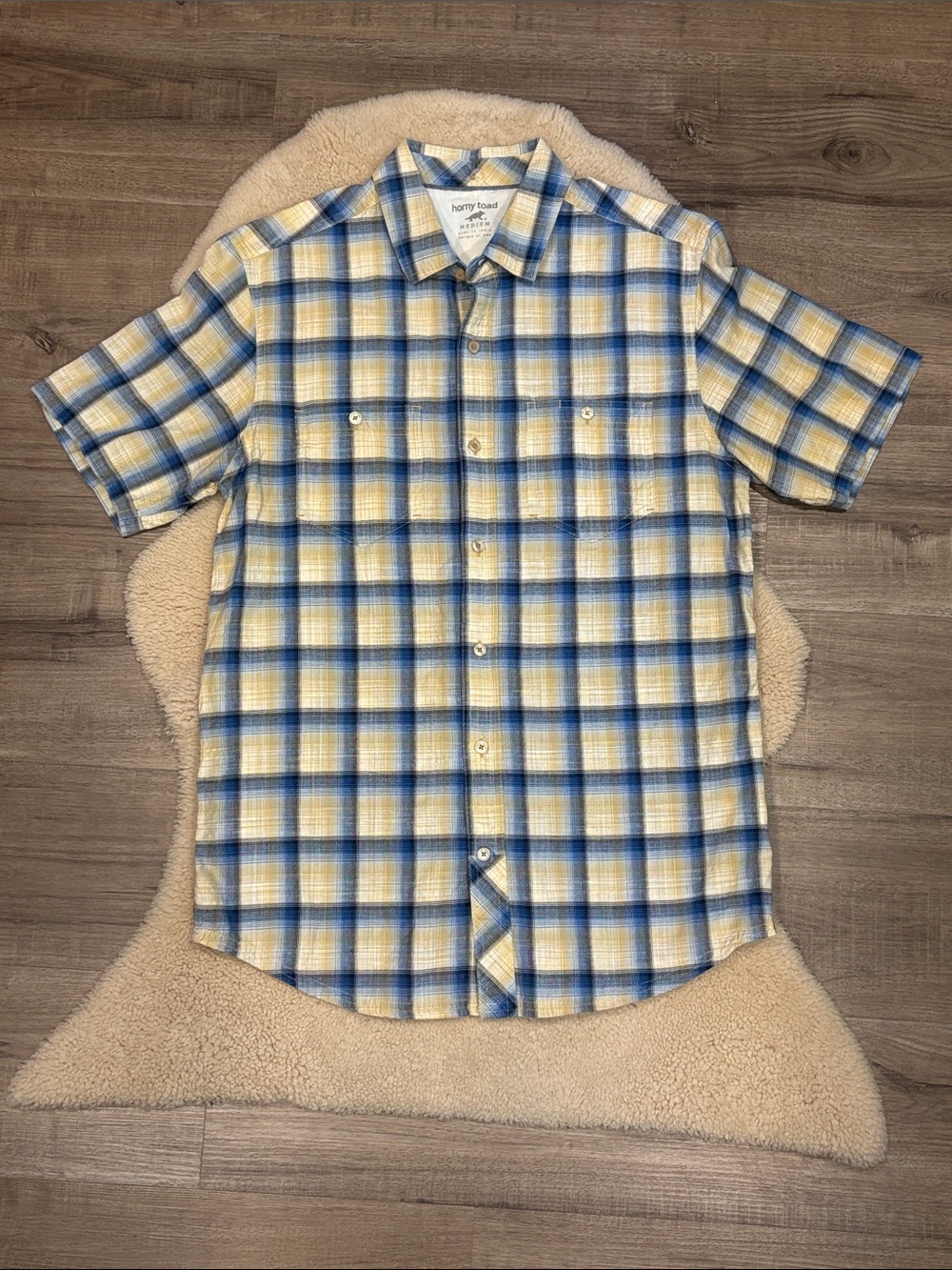 Horny Toad (Toad & Co.) Smythy short sleeve shirt, blue/cream plaid, men’s med